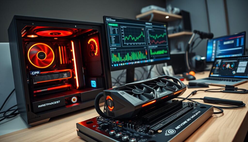 A detailed test bench setup for GPU benchmarking, featuring a sleek, modern workstation with a high-end GPU prominently displayed on a motherboard. In the foreground, show an open computer case revealing intricate hardware components like CPU, RAM, and cooling systems under warm, focused LED lighting. The middle section includes a computer monitor displaying performance metrics, graphs, and benchmarking software in action. In the background, a neatly organized workspace with tools, cables, and a laptop showcasing testing methodology, all set in a well-lit laboratory environment. Use a professional, informative angle resembling a tech magazine photo, conveying a meticulous and cutting-edge atmosphere, with sharp focus on the hardware details.
