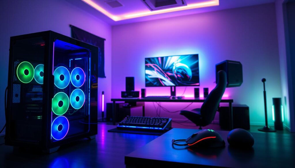 A futuristic ARGB lighting setup in a sleek and modern gaming environment. In the foreground, showcase a high-performance gaming PC with transparent panels, illuminated by dynamic ARGB lighting in vibrant hues of blue, green, and purple. In the middle, depict a stylish gaming desk featuring top-tier peripherals like a mechanical keyboard and a gaming mouse, both enhanced with synchronized lighting effects. The background displays a large LED monitor with ambient light reflecting off the walls, creating a captivating atmosphere. The scene is illuminated with soft, ambient lighting to convey a tech-forward mood, captured from a slightly elevated angle to emphasize the harmonious design. A futuristic ARGB lighting setup in a sleek and modern gaming environment. In the foreground, showcase a high-performance gaming PC with transparent panels, illuminated by dynamic ARGB lighting in vibrant hues of blue, green, and purple. In the middle, depict a stylish gaming desk featuring top-tier peripherals like a mechanical keyboard and a gaming mouse, both enhanced with synchronized lighting effects. The background displays a large LED monitor with ambient light reflecting off the walls, creating a captivating atmosphere. The scene is illuminated with soft, ambient lighting to convey a tech-forward mood, captured from a slightly elevated angle to emphasize the harmonious design.