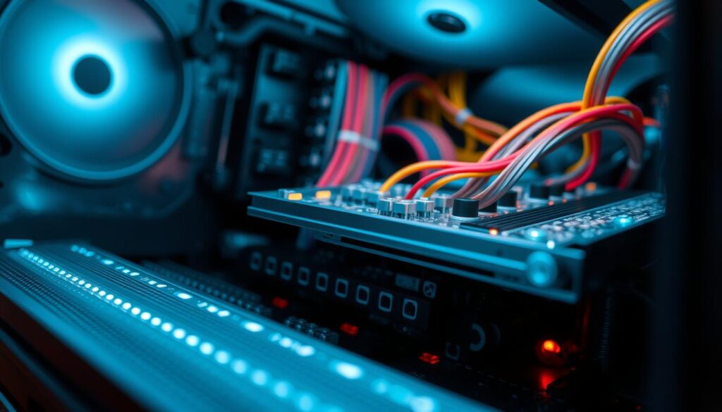A highly detailed close-up of a modular PC's interior, showcasing hot-swap bays and backplane standards. In the foreground, focus on the sleek design of the hot-swap bays, with shimmering metal frames and intricate connection points, glinting under bright LED lighting. The middle section reveals a high-tech backplane adorned with colorful wiring and connectors, demonstrating advanced bandwidth and signal integrity. The background includes blurred silhouettes of additional modular components, suggesting expandability. Soft, ambient lighting casts smooth shadows, creating a modern, tech-savvy atmosphere. The perspective is slightly angled to emphasize depth and detail, evoking a sense of innovation in DIY PC building.