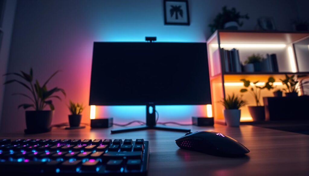A modern home office setup featuring a sleek monitor illuminated by subtle ambient lighting. In the foreground, a stylish gaming keyboard and mouse are visible, designed with RGB lighting that matches the ambient hues. The middle section showcases the monitor displaying a dark, contrasting background, enhancing eye comfort and visual clarity. Behind the monitor, soft LED strips cast a warm glow, highlighting the contours of the desk and creating an inviting atmosphere. In the background, a minimalist bookshelf filled with tech books and plants adds depth and interest. The scene is captured with a wide-angle lens from a low perspective, emphasizing the luminous ambiance and serene mood, inviting focus and productivity. A modern home office setup featuring a sleek monitor illuminated by subtle ambient lighting. In the foreground, a stylish gaming keyboard and mouse are visible, designed with RGB lighting that matches the ambient hues. The middle section showcases the monitor displaying a dark, contrasting background, enhancing eye comfort and visual clarity. Behind the monitor, soft LED strips cast a warm glow, highlighting the contours of the desk and creating an inviting atmosphere. In the background, a minimalist bookshelf filled with tech books and plants adds depth and interest. The scene is captured with a wide-angle lens from a low perspective, emphasizing the luminous ambiance and serene mood, inviting focus and productivity.