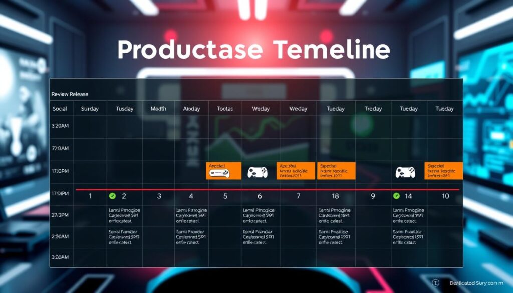 A sleek and modern product release timeline chart set against a futuristic digital backdrop. In the foreground, a well-organized calendar grid showcasing specific dates annotated for review embargoes, preorder dates, and shipping windows, featuring vibrant and contrasting colors for easy differentiation. The middle layer should include elegant icons representing gaming hardware like consoles and graphics cards, each mapped to their respective dates. In the background, soft lighting highlights a stylish workspace with subtle tech elements, such as circuit patterns and blurred screens, creating an atmosphere of anticipation and innovation. The angle should be slightly overhead, providing a clear overview of the timeline, without any text or logos in the image.