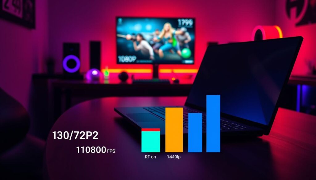 A sleek gaming laptop on a polished wooden desk, surrounded by colorful LED gaming peripherals. In the foreground, an illustrative performance chart displays gaming FPS metrics at 1080p and 1440p, with bars representing 'RT on' and 'RT off' settings. The chart features vibrant colors like electric blue and neon green, contrasting sharply against a dark background. In the middle ground, a soft-focus modern gaming setup shows ambient RGB lighting and a high-resolution monitor displaying graphics. The room is dimly lit, creating a moody, high-tech atmosphere. Capture the scene from a slightly elevated angle to focus on the laptop and the chart, showcasing the laptop's futuristic design. No text, graphs, or watermarks should be visible.