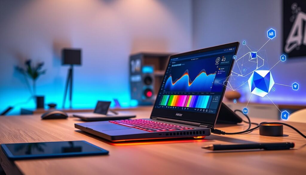 A sleek, high-performance gaming laptop with a luminescent keyboard sits on a modern desk, surrounded by vibrant AI and color workflow diagrams. The foreground features a close-up of the laptop screen displaying detailed graphs and color palettes, while digital elements such as neural network icons subtly emerge around it to represent AI processes. In the middle, the desk is adorned with sophisticated tools like a tablet and stylus, emphasizing a creator's workspace. The background includes a softly lit room with minimalistic decor, imparting a professional atmosphere. The lighting is warm and inviting, casting gentle shadows, while the scene is captured from a slightly elevated angle focusing on the laptop and workflows. The overall mood is inspiring and creative, reflecting the intersection of technology and art in a productive environment.