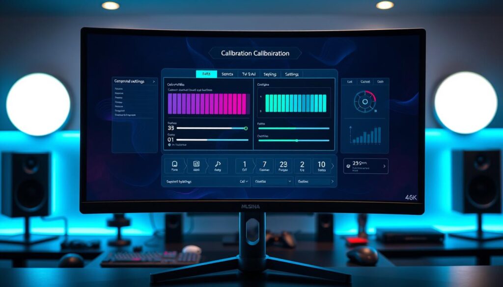 A sleek, high-tech workspace featuring an impressive 4K 240Hz gaming monitor, prominently displayed on an adjustable stand. The monitor screen showcases an intricate calibration interface with vivid color profiles, gamma settings sliders, and overdrive adjustments, all in sharp detail. Surrounding the monitor are subtle reflections from ambient LED lighting, casting a cool blue hue across the scene. In the background, a blurred, modern desk setup with gaming peripherals hints at a professional gaming environment. The image captures a sense of precision and focus, evoking the meticulous nature of monitor calibration for competitive gaming. The scene is illuminated with soft lighting that highlights the monitor's crisp visuals while maintaining a sophisticated atmosphere. A sleek, high-tech workspace featuring an impressive 4K 240Hz gaming monitor, prominently displayed on an adjustable stand. The monitor screen showcases an intricate calibration interface with vivid color profiles, gamma settings sliders, and overdrive adjustments, all in sharp detail. Surrounding the monitor are subtle reflections from ambient LED lighting, casting a cool blue hue across the scene. In the background, a blurred, modern desk setup with gaming peripherals hints at a professional gaming environment. The image captures a sense of precision and focus, evoking the meticulous nature of monitor calibration for competitive gaming. The scene is illuminated with soft lighting that highlights the monitor's crisp visuals while maintaining a sophisticated atmosphere.
