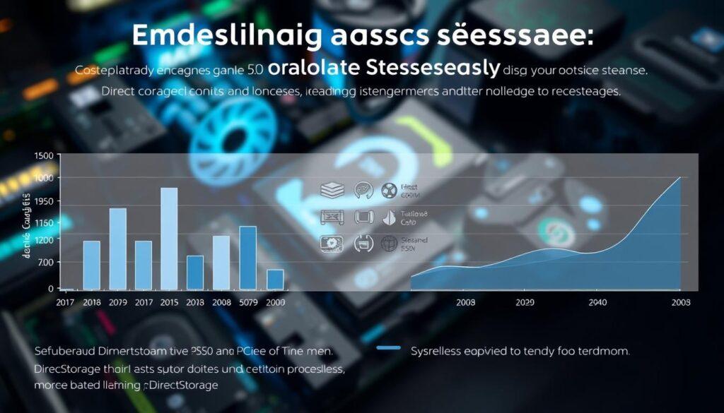 A sleek, modern diagram showcasing a comparison of game loading speeds using DirectStorage technology. In the foreground, include detailed bar charts and line graphs, illustrating the loading times of various games on PCIe 5.0 SSDs versus traditional SSDs. In the middle layer, feature icons representing game assets and streaming processes, highlighting the seamless experience enabled by DirectStorage. The background should consist of a blurred gaming setup, showcasing advanced hardware components with cool blue and green lighting, creating a dynamic gaming atmosphere. Utilize a high-angle perspective to give a bird's-eye view of the data. The overall mood should be futuristic and energetic, reflecting the cutting-edge nature of gaming technology.