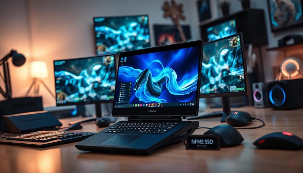 A sleek, modern handheld gaming PC in dock mode, positioned at the forefront, showcasing its vibrant display alongside multiple connected monitors arranged in an arc for multitasking. Each monitor displays impressive graphics, emphasizing gaming and productivity. Surrounding the setup are various peripherals, including a mechanical keyboard, gaming mouse, and an NVMe SSD drive prominently featured. The scene is bathed in soft, ambient lighting, with light reflections glinting off the glossy surfaces. The background includes a contemporary workspace with subtle tech-themed decorations, enhancing the modern atmosphere. The camera angle is slightly elevated, offering a dynamic perspective that highlights the intricacies of the setup, conveying an energetic and innovative mood suitable for tech enthusiasts and gamers alike.