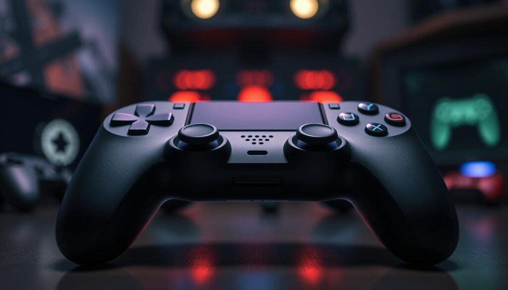 A sleek, modern handheld gaming device is prominently displayed in the foreground, showcasing its ergonomic grips and advanced hall-effect analog sticks. The device features a matte finish with subtle lighting accents that highlight its contours. The grips are designed for comfort, with a textured surface, while the analog sticks have a unique, futuristic look. In the middle ground, a blurred view of a gaming setup with dim ambient light creates a focused atmosphere, emphasizing the device. The background includes soft bokeh of gaming-related items, such as controllers and LED lights, enhancing the mood. The angle is slightly angled from above, capturing both the top view of the device and the depth of the scene. The overall ambiance is inviting yet professional, suitable for gaming enthusiasts.