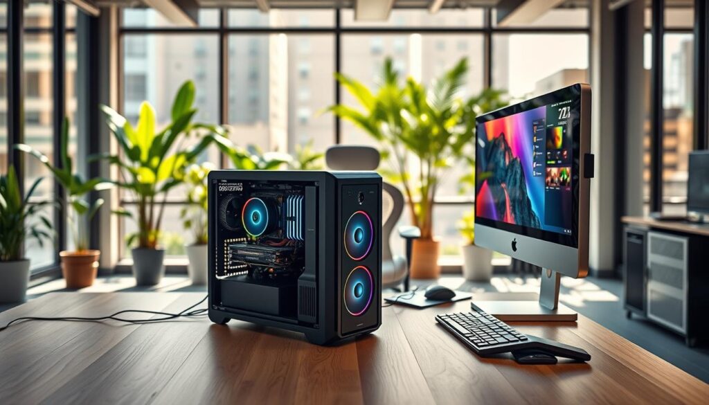 A sleek, modular PC setup in a contemporary workspace. The foreground features a stylish, compact modular PC with swappable elements, showcased on a minimalist wooden desk. Bright, ambient lighting highlights the components, while a high-resolution monitor displays colorful graphics. In the middle ground, a comfortable ergonomic chair faces the desk, with subtle hints of additional modular components casually placed nearby. The background reveals a modern office environment with large windows allowing natural light to flood the scene, through which green plants and an urban skyline can be seen. The mood is inspiring and innovative, focusing on functionality and design for productivity rather than gaming. Use a wide-angle lens to capture a vibrant and dynamic atmosphere, ensuring a polished, professional look throughout.