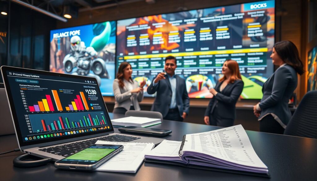 A visually engaging and informative scene depicting a modern workspace focused on pricing and release dates for gaming hardware. In the foreground, a sleek desk with a high-tech laptop displaying colorful charts and graphs related to pricing, alongside a notepad filled with release dates. A smartphone showing notifications about availability updates leans next to the laptop. In the middle ground, a group of diverse professionals in business attire discusses eagerly, pointing at the laptop screen, their expressions reflecting excitement. The background features a large digital screen showcasing a vibrant timeline of gaming hardware releases across different regions. Use warm, inviting lighting to create a dynamic and focused atmosphere, with a slightly angled perspective to emphasize collaboration and innovation in the gaming industry.