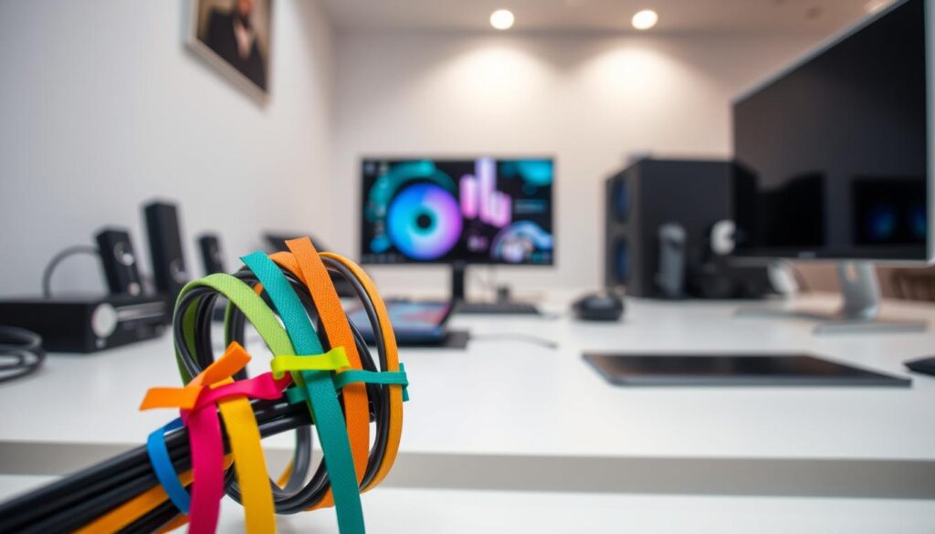 A clean, organized workspace featuring a variety of modular cable routing techniques with vibrant colored velcro ties securing the cables neatly. In the foreground, focus on a close-up of the velcro ties cinching several bundled cables, displaying a range of colors for easy identification. The middle ground showcases a sleek desk setup with computer peripherals and hardware, emphasizing an efficient layout and minimal clutter. In the background, soft ambient lighting enhances the modern aesthetic, highlighting the tech gadgets. Capture this scene from a slightly elevated angle, allowing viewers to appreciate the cable management techniques while maintaining a professional atmosphere that appeals to reviewers and tinkerers. The overall mood should convey efficiency and streamlined functionality in a high-tech environment.