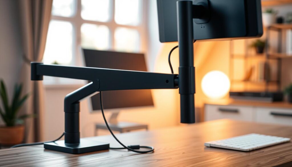 A close-up view of a modern monitor arm with integrated cable channels, meticulously managing and concealing cables. In the foreground, an elegant black monitor arm is highlighted, showcasing its sleek design and functional cable routing system. The middle ground features the VESA bracket securely attached to a stylish wooden desk, with power cables and HDMI wires neatly organized within the arm's cable channels, emphasizing a clutter-free environment. The background includes a softly blurred home office setting, with warm, ambient lighting filtering through a nearby window, creating a calm and productive atmosphere. The image should evoke a sense of efficiency and sophistication, capturing the essence of elite cable management.