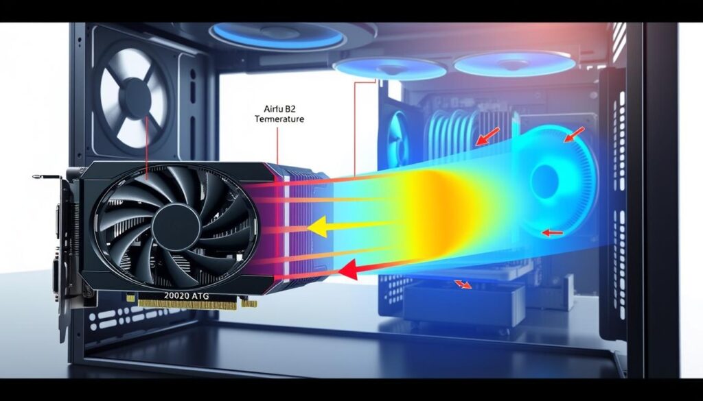 A detailed illustration of a GPU airflow optimization diagram within a compact PC case. In the foreground, display a high-resolution GPU with labeled airflow paths, showing fans and heat sinks integrated into the system. The middle ground should feature clear thermal dynamics, including color gradients to represent temperature variations, with arrows indicating airflow direction and hotspots. The background should be a stylized compact case design, emphasizing small form factor components. Use cool, bright lighting to enhance clarity and provide a technical feel. Angled perspective should create depth, focusing on the GPU while maintaining an informative, technical atmosphere, showcasing the complexities of modern thermal engineering challenges in a compact environment.