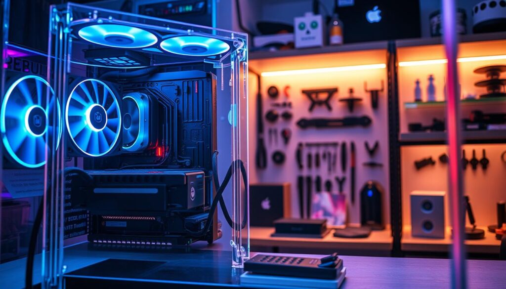A detailed showcase of a custom computer case mod, highlighting acrylic fabrication techniques. In the foreground, an intricately designed transparent acrylic case displays high-tech components like illuminated RGB fans and cyberpunk-themed accessories. The middle layer features various tools and printed accessories, such as brackets and cable management solutions, all designed with sleek, futuristic aesthetics. The background includes a softly lit workspace with shelves filled with additional themed parts, emphasizing a creative atmosphere. The scene is illuminated with cool blue and purple lighting to enhance the cyberpunk vibe, captured from a slightly angled perspective to showcase depth and dimension. The overall mood is inspirational and tech-savvy, inviting viewers to explore the world of case modding.