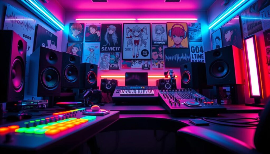 A futuristic desk setup dedicated to sound design, dominated by vibrant neon colors reflecting a cyberpunk theme. In the foreground, high-end audio equipment like sleek speakers and a digital audio workstation with colorful LED lights. The middle section features an intricately designed desk with retro elements, such as vintage vinyl records and a classic analog synthesizer, blending old and new aesthetics. In the background, a wall adorned with anime posters and soundwave art adds personality. The lighting is dramatic, with soft glows from LED strips creating an immersive atmosphere. A low angle view captures the essence of creativity and tech-savviness, ideal for inspiring audio production. The overall mood is energetic yet sophisticated, embodying a perfect fusion of sound design and thematic storytelling.