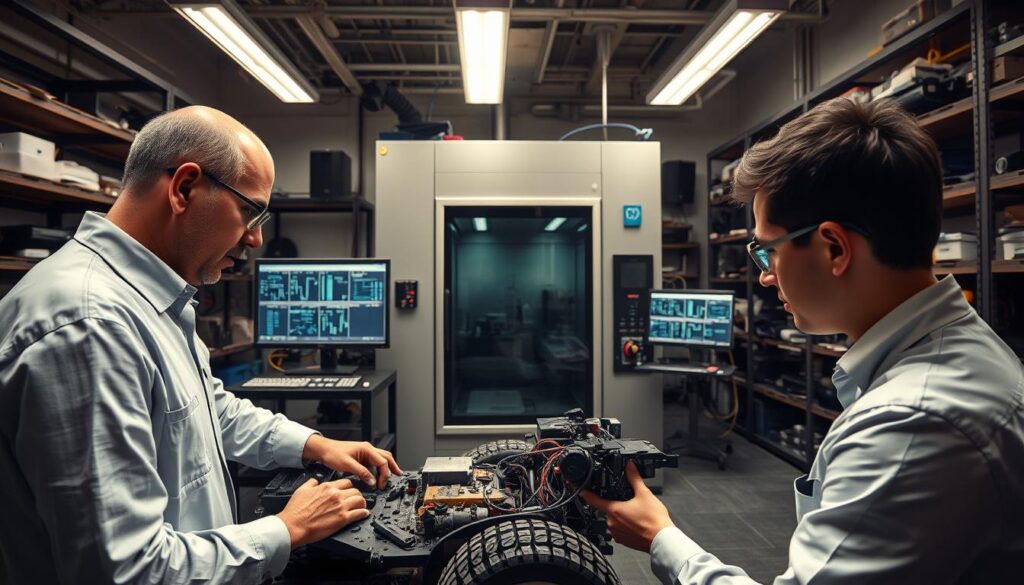 A high-tech laboratory environment featuring advanced reliability testing equipment. In the foreground, a thermal and chassis engineer in professional attire meticulously examines a chassis under specialized testing conditions, utilizing tools that measure dust accumulation and vibration response. In the middle, a large, sophisticated vibration test chamber is visible, surrounded by various sensors and monitors displaying real-time data. The background consists of lab shelves filled with equipment and components, dimly lit with focused overhead lights, enhancing a serious and professional atmosphere. The overall mood is one of precision and thoroughness, reflecting a diligent approach to engineering reliability testing in a modern lab setting.
