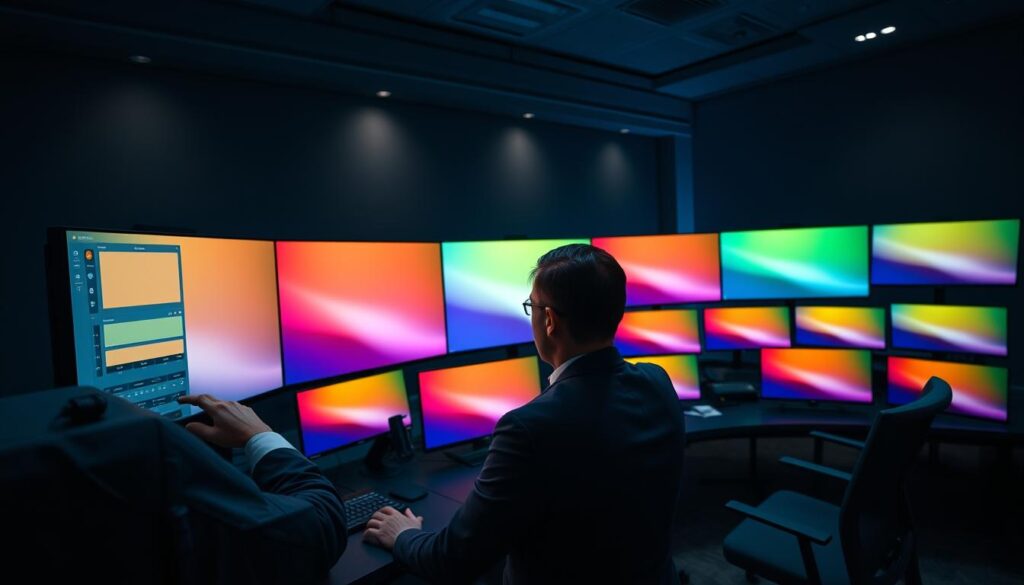A modern command center setup featuring an ultra-wide monitor and several multi-monitor displays, all meticulously displaying vibrant color calibration patterns. In the foreground, a professional in business attire adjusts color settings on a sleek computer interface, highlighting the importance of uniformity in display calibration. The middle ground showcases various monitors side by side, exhibiting a seamless gradient of colors, emphasizing precision and detail. The background is a dimly lit room with soft, focused lighting illuminating the screens, creating a high-tech atmosphere. The angle captures an immersive view of the workspace, evoking a sense of productivity and technological sophistication, ideal for serious discussions about color calibration in multi-monitor environments.