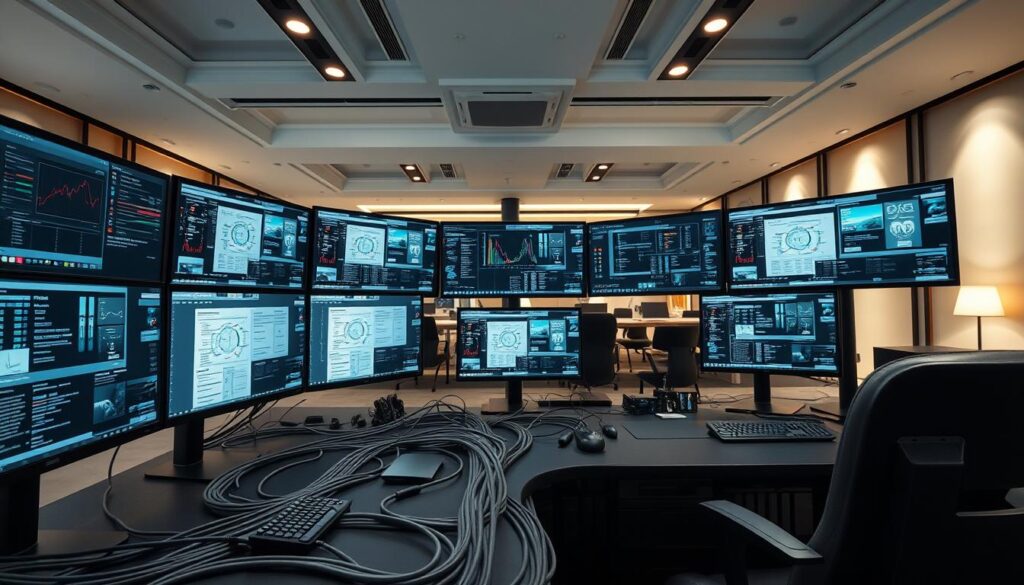 A modern command center with an ultra-wide multi-monitor setup showcasing professional cable routing. In the foreground, sleek monitors display various data streams, each meticulously arranged with a focus on ergonomics. The middle layer features comprehensive cable management solutions, including cable trays and clips designed for optimal organization. The background highlights a stylish office environment, with soft ambient lighting that creates a tech-savvy atmosphere. A wide-angle perspective captures the entire setup, emphasizing the neatness of the cabling and the functionality of the workspace. The mood is one of efficiency and professionalism, perfect for a battle station where productivity is key. No humans are present in the image, ensuring a clean, distraction-free focus on the intricate cable routing system.