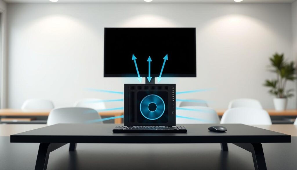 A modern small form factor power desk setup focused on cooling strategies. In the foreground, showcase a sleek desk housing a compact computer with visible cooling solutions, highlighting top, side, and bottom intake vents. In the middle, illustrate various airflow paths with arrows or light rays indicating cooling efficiency. The background features a minimalist office environment, with soft, diffused lighting to create a calm atmosphere. Use a shallow depth of field to keep the focus on the desk and cooling systems while allowing the background to slightly blur. The overall mood should convey innovation and efficiency, perfect for a high-tech workspace setting.