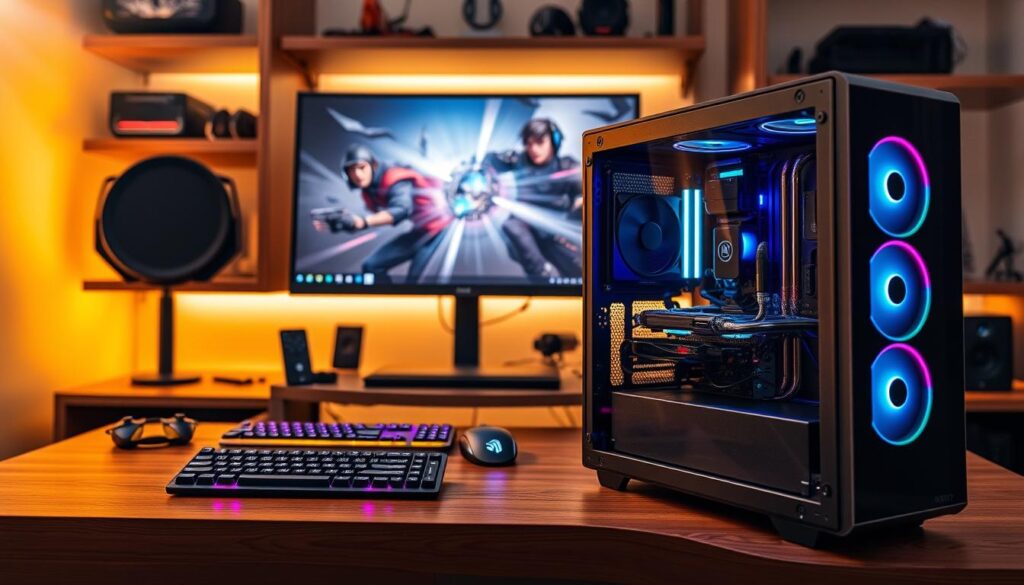 A sleek NR200 Small Form Factor (SFF) gaming build showcased on a modern wooden desk. In the foreground, the NR200 case is beautifully lit, revealing its intricate cooling system and vibrant RGB lighting, while neatly arranged cables emphasize a clean aesthetic. In the middle, a high-resolution monitor displays a dynamic scene from a popular game, hinting at an immersive gaming experience. A mechanical keyboard with customizable lighting and a comfortable gaming mouse are visible. The background features softly blurred shelves filled with gaming paraphernalia and tech gadgets. Warm ambient lighting casts a cozy atmosphere, evoking creativity and productivity, with a slight lens flare for added depth. The angle is slightly above, capturing the entire workstation harmoniously balanced. Ideal for illustrating high-performance SFF setups.