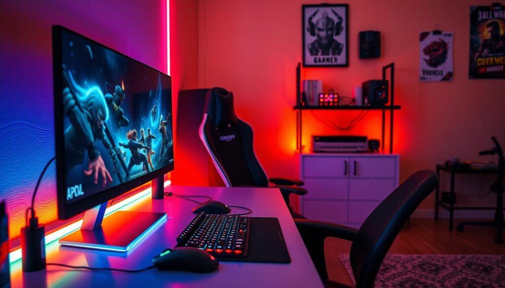 A cozy, budget-friendly gaming desk setup featuring RGB lighting that enhances the atmosphere, with colorful LED strips illuminating the perimeter of the desk and ambient light emanating from a sleek RGB gaming keyboard and mouse. The foreground shows a computer monitor displaying dynamic game visuals, highlighting the interactive nature of the setup. In the middle, a stylish yet economical gaming chair complements the scene, while an organization-friendly arrangement of cables is discreetly tucked away. The background features a simple shelf with gaming accessories and posters, under soft, warm lighting to create a relaxed vibe. The overall mood is inviting and energetic, perfect for gaming sessions, captured with a slight overhead angle to emphasize the RGB aesthetics while maintaining clarity and vibrancy.