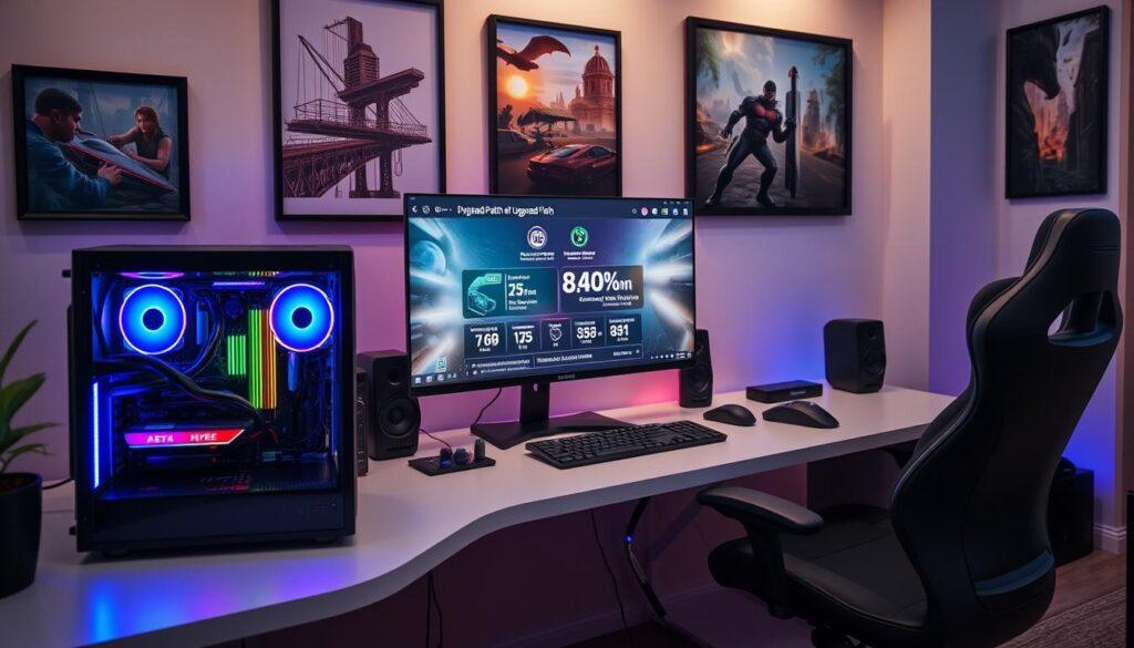 A detailed and organized workspace featuring an upgrade path budget PC setup. In the foreground, a sleek, modern gaming desk with an open-case PC showcasing mid-range components like a vibrant GPU and a modular power supply. In the middle ground, a high-resolution monitor displays benchmarking statistics and upgrade options, with efficient cable management and RGB lighting complementing the aesthetic. The background consists of tasteful wall art reflecting gaming culture, along with a stylish ergonomic chair. Soft, ambient lighting enhances the mood, creating an inviting atmosphere for gamers. The composition is shot from a slightly elevated angle to capture the entire setup, emphasizing the potential for future upgrades without compromising on style.