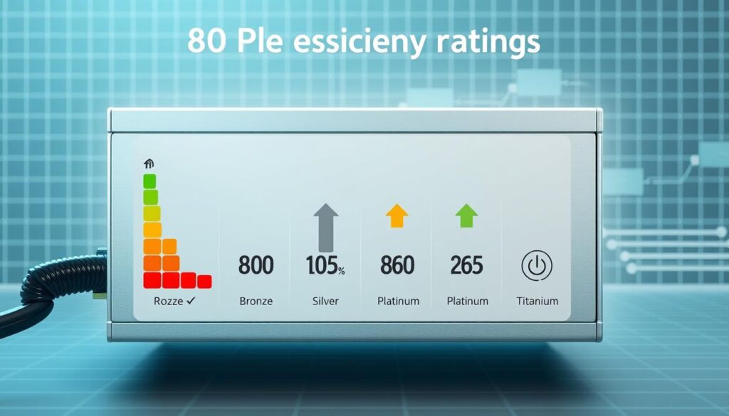 A detailed diagram showcasing "80 Plus efficiency ratings" for power supplies, set in a modern, bright technical style. In the foreground, illustrate a realistic power supply unit with labeled efficiency ratings (Bronze, Silver, Gold, Platinum, and Titanium) depicted in clear, distinct segments. The middle section should feature arrows and numbers indicating power draw levels, displayed with engaging infographics, emphasizing efficiency at various loads. In the background, a faint grid pattern symbolizes electrical circuitry, adding depth. Use soft, diffused lighting to create a clean, professional atmosphere while ensuring clarity of all diagram elements. The overall mood should be informative and technically sophisticated, suitable for an engineering audience. A detailed diagram showcasing "80 Plus efficiency ratings" for power supplies, set in a modern, bright technical style. In the foreground, illustrate a realistic power supply unit with labeled efficiency ratings (Bronze, Silver, Gold, Platinum, and Titanium) depicted in clear, distinct segments. The middle section should feature arrows and numbers indicating power draw levels, displayed with engaging infographics, emphasizing efficiency at various loads. In the background, a faint grid pattern symbolizes electrical circuitry, adding depth. Use soft, diffused lighting to create a clean, professional atmosphere while ensuring clarity of all diagram elements. The overall mood should be informative and technically sophisticated, suitable for an engineering audience.