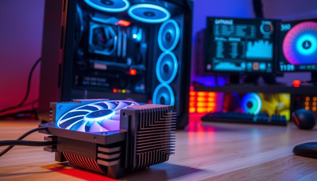 A high-tech CPU cooler placed prominently in the foreground, with sleek metallic fins and RGB lighting glowing softly, creating an energetic ambiance. In the middle ground, a state-of-the-art gaming PC tower is shown, with transparent glass panels revealing intricate internal wiring and components. A series of monitors display benchmarking data and performance graphics, casting a cool blue light that enhances the tech-savvy atmosphere. In the background, a subtle blur of a gaming setup and ambient RGB lighting blends into the scene, conveying a modern gaming environment. The image is illuminated with soft, diffused lighting to highlight details while maintaining a focus on performance testing. The composition is dynamic, suggesting motion and intensity, and reflects the excitement of high-performance gaming systems.