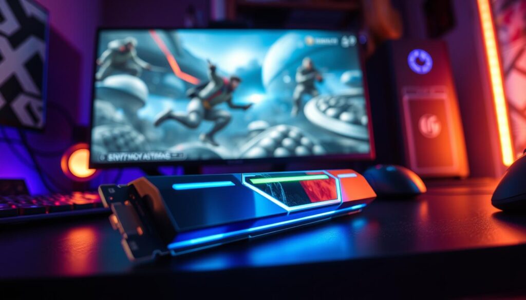 A high-tech gaming environment featuring an NVMe SSD prominently displayed in the foreground, gleaming metallic casing reflecting ambient RGB lighting in shades of blue and green. The middle background shows a computer setup, with a high-resolution monitor displaying an action-packed game scene, illustrating the fluidity and speed of DirectStorage optimization. In the background, subtle hints of advanced gaming peripherals like a mechanical keyboard and high-end gaming mouse are visible, all bathed in a cool, futuristic glow. The atmosphere feels energetic yet focused, with warm lighting contrasting the cool tones, creating an engaging scene that emphasizes speed and performance. The angle captures the SSD and monitor in a dynamic perspective, making the viewer feel immersed in the gaming world.