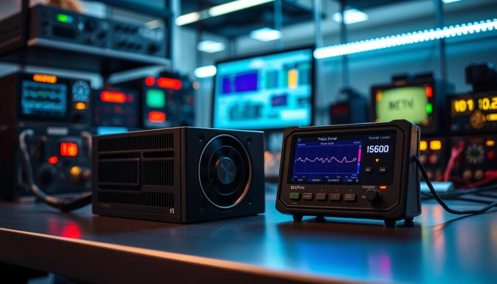A high-tech laboratory environment featuring a close-up of a gaming power supply unit (PSU) placed on a sleek test bench. In the foreground, the PSU is connected to a sophisticated sound level meter, which displays decibel readings. The background is filled with blurred test equipment like oscilloscopes and computer monitors, illuminated by soft, diffused LED lighting to emphasize the technological setting. The atmosphere is focused and professional, hinting at a precise noise testing process under load conditions. Capture the scene from a slightly elevated angle, highlighting the PSU's sleek design and the measurement device. Use a depth of field effect to blur the background while keeping the PSU and sound meter sharp, creating a sense of serious experimentation. A high-tech laboratory environment featuring a close-up of a gaming power supply unit (PSU) placed on a sleek test bench. In the foreground, the PSU is connected to a sophisticated sound level meter, which displays decibel readings. The background is filled with blurred test equipment like oscilloscopes and computer monitors, illuminated by soft, diffused LED lighting to emphasize the technological setting. The atmosphere is focused and professional, hinting at a precise noise testing process under load conditions. Capture the scene from a slightly elevated angle, highlighting the PSU's sleek design and the measurement device. Use a depth of field effect to blur the background while keeping the PSU and sound meter sharp, creating a sense of serious experimentation.