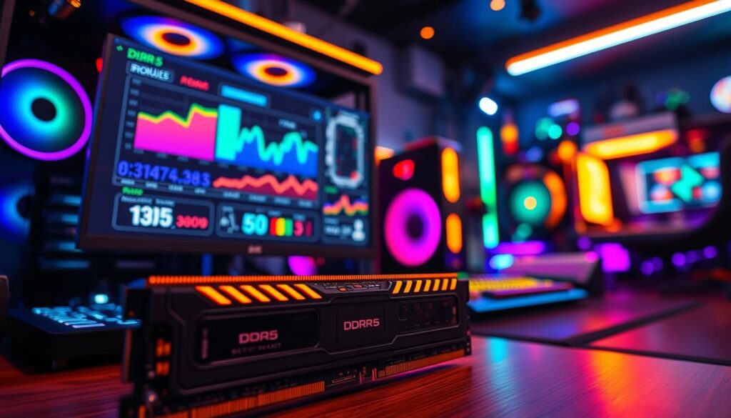 A highly detailed and dynamic scene showcasing DDR5 gaming memory benchmarks in action. In the foreground, there's a high-tech gaming setup featuring a sleek, illuminated desktop PC with visible RAM slots showcasing DDR5 modules. The middle layer highlights a monitor displaying benchmark graphs and performance statistics, with vibrant colors contrasting against a dark background. In the background, soft bokeh effects blur a high-performance gaming environment, adorned with RGB lighting and advanced gaming peripherals. The scene is lit with cool, dynamic LED lights that create an energetic and modern atmosphere, shot from a slightly low angle to emphasize the impressive hardware. The focus is on the technical superiority and aesthetic appeal of DDR5 memory in a competitive gaming context.