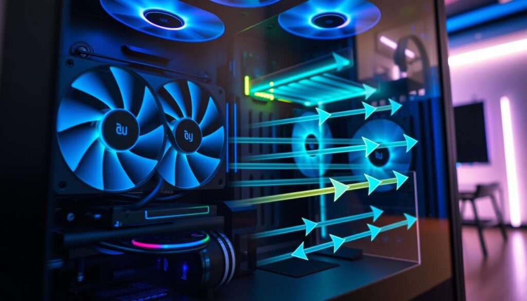 A highly detailed computer gaming cooling case, showcasing optimized airflow systems. In the foreground, focus on the sleek glass panels revealing internal components like RGB-equipped fans and heatsinks, illuminated with a cool blue and neon green glow. The middle layer displays strategically placed airflow vents, highlighting their design for maximum efficiency, while a visual representation of airflow dynamics, with arrows indicating air movement, adds technical depth. The background features a softly lit gaming room, with subtle atmospheric lighting creating a high-tech vibe. The overall mood is energetic and focused, emphasizing cutting-edge technology in a professional and high-performance gaming environment.