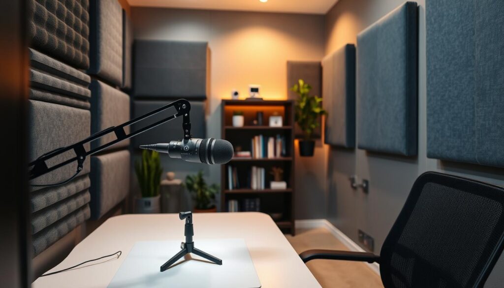A modern, cozy small room designed for streaming, featuring high-quality acoustic panels on the walls for sound treatment. The panels, in various shades of gray and blue, are artfully arranged to absorb sound while enhancing the room's aesthetic. In the foreground, a sleek black microphone on a boom arm is positioned on a clean desk, equipped with a compact camera and LED lights, radiating a soft, inviting glow. In the background, a subtle bookshelf holds books and plants, creating a welcoming atmosphere. The lighting is warm, emanating from the panels and soft desk lights, casting gentle shadows that enhance depth and dimension. The image captures an atmosphere of focus and creativity, ideal for content creation.