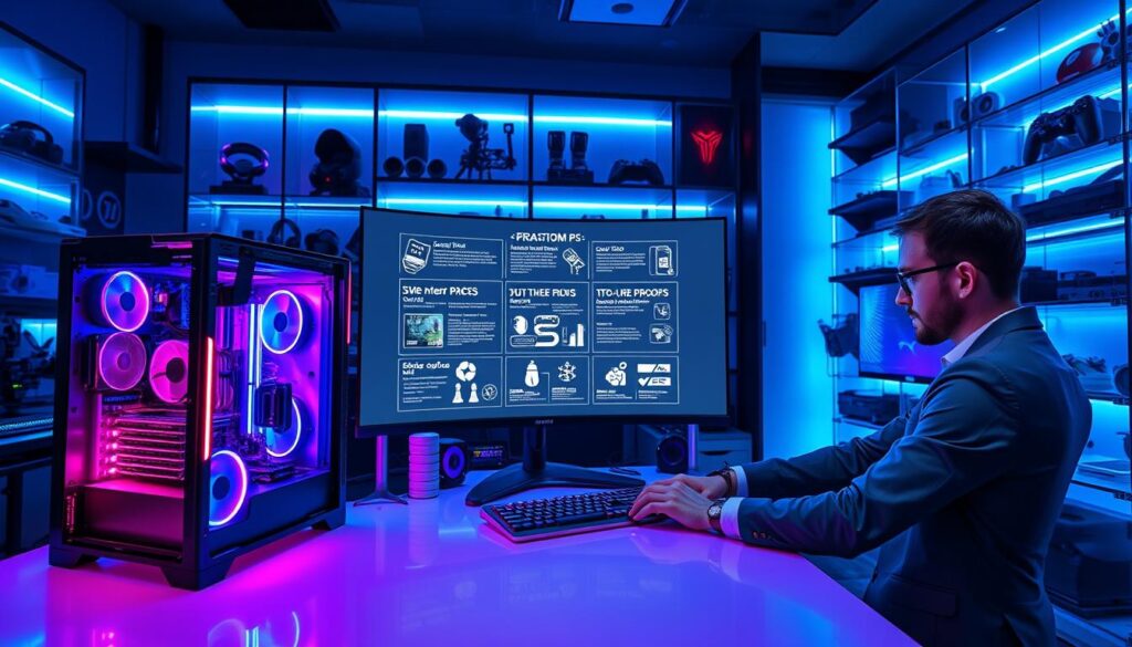 A modern, high-tech gaming setup showcasing a strategic PC upgrade path. In the foreground, a sleek, illuminated gaming desk features an open tower PC showcasing vibrant, custom RGB components, including a premium GPU and CPU. In the middle, a large curved monitor displays complex infographics on future proofing technology, with gaming accessories neatly arranged around it. The background is filled with futuristic shelving featuring next-generation hardware and gaming memorabilia, all bathed in cool blue and purple ambient lighting. The scene incorporates a professional-looking individual in smart casual attire, engrossed in configuring the components. The overall atmosphere is energetic and aspirational, highlighting the excitement of technology evolution. Utilize a wide-angle lens perspective to capture the entire setup, enhancing the immersive design.