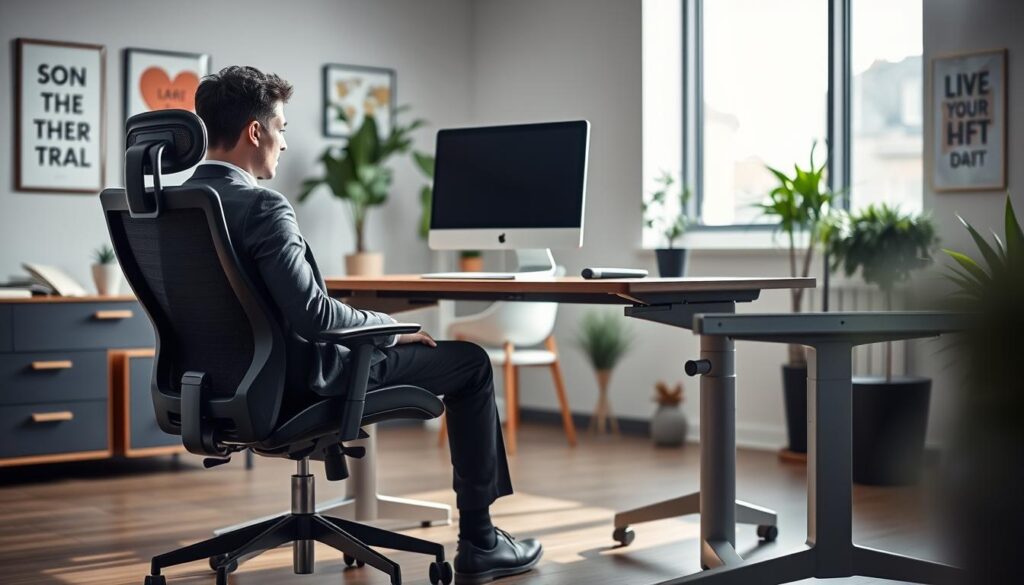 A modern office setting showcasing a "posture comfort test long session." In the foreground, a comfortably seated professional in business attire engages with a high-end ergonomic chair and adjustable desk, both designed for optimal spine alignment. The middle ground features a sleek monitor positioned at eye level with a soft glow of natural lighting illuminating the scene, avoiding harsh shadows. In the background, a calming workspace with plants and motivational posters creates an inviting atmosphere. The composition captures a sense of focus and professional comfort, emphasizing the importance of ergonomic design in long work sessions. The overall mood is serene and productive, inviting viewers to appreciate the importance of posture in a work environment. A modern office setting showcasing a "posture comfort test long session." In the foreground, a comfortably seated professional in business attire engages with a high-end ergonomic chair and adjustable desk, both designed for optimal spine alignment. The middle ground features a sleek monitor positioned at eye level with a soft glow of natural lighting illuminating the scene, avoiding harsh shadows. In the background, a calming workspace with plants and motivational posters creates an inviting atmosphere. The composition captures a sense of focus and professional comfort, emphasizing the importance of ergonomic design in long work sessions. The overall mood is serene and productive, inviting viewers to appreciate the importance of posture in a work environment.