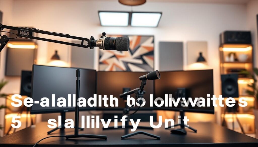 A modern streaming setup showcasing scalability upgrades, featuring a sleek, multi-monitor arrangement on a stylish black desk. In the foreground, a high-quality condenser microphone on a boom arm and a professional camera with a wide-angle lens, positioned at eye level. The middle layer includes adjustable LED panel lights emitting soft, warm light, creating a welcoming atmosphere. Acoustic panels are mounted on the walls, enhancing sound quality, while behind them, shelves are lined with streaming equipment and decor. The background includes a blurred view of a cozy, well-lit room, accentuated with soft colors, enhancing focus on the setup. The mood is dynamic and inspiring, emphasizing innovation and readiness for upgrades in a professional streaming environment.