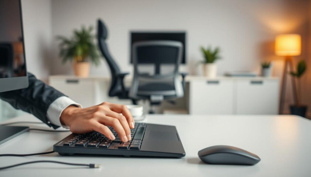 A professional workspace setup illustrating the proper wrist angle for keyboard and mouse use. In the foreground, a well-organized desk features a modern keyboard and mouse positioned correctly, with a focus on a pair of hands in business attire demonstrating an optimal wrist position. The middle ground shows an ergonomic chair and a computer monitor at eye level, emphasizing healthy posture. The background is softly blurred, showcasing a minimalistic office environment with plants and warm lighting to create a calm and focused atmosphere. The image should capture the essence of ergonomic best practices in a sleek, professional setting, highlighting the importance of wrist health while working. A professional workspace setup illustrating the proper wrist angle for keyboard and mouse use. In the foreground, a well-organized desk features a modern keyboard and mouse positioned correctly, with a focus on a pair of hands in business attire demonstrating an optimal wrist position. The middle ground shows an ergonomic chair and a computer monitor at eye level, emphasizing healthy posture. The background is softly blurred, showcasing a minimalistic office environment with plants and warm lighting to create a calm and focused atmosphere. The image should capture the essence of ergonomic best practices in a sleek, professional setting, highlighting the importance of wrist health while working.