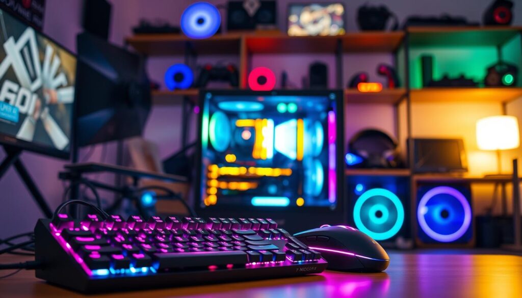 A sleek, modern workspace featuring a photography-ready PC lighting and cable setup. In the foreground, vibrant RGB lighting illuminates a gaming keyboard and a custom-designed mouse, with neatly organized cables showcasing a meticulous setup. The middle layer includes a high-performance gaming PC with transparent side panels, glowing components, and an array of LED strips enhancing the ambiance. In the background, blurred shelves display gaming peripherals and tech gadgets, creating depth. Soft, warm lighting contrasts with the colorful lights, reflecting a cozy yet high-tech atmosphere. The shot is taken from a slightly angled perspective using a 35mm lens, evoking a sense of immersive professionalism and inviting gaming enthusiasm.