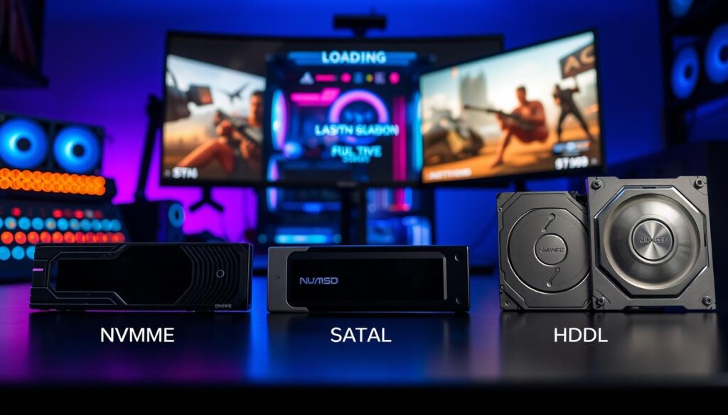 A visually striking comparison of NVMe SSDs, SATA drives, and HDDs, all situated on a sleek gaming desk setup. In the foreground, include three distinct drives labeled respectively: a shiny NVMe SSD, a classic SATA drive, and an HDD, each illuminated with a soft glow that highlights their features. In the middle ground, display an ultra-fast gaming PC with RGB lighting, showcasing a loading screen in action, representing various loading times vividly with graphical elements. In the background, a high-definition gaming monitor displaying a split-screen of fast-loading games, emphasizing speed and performance. The lighting should be dynamic, with a cool blue and purple color scheme creating an energetic and tech-savvy atmosphere, captured from a slightly elevated angle to create depth in the scene.