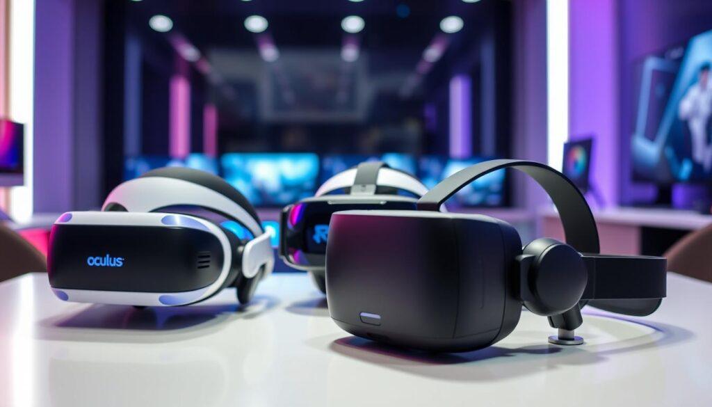 A detailed comparison of three virtual reality headsets: Oculus Quest, Valve Index, and Pico, elegantly arranged on a sleek, modern table in an upscale tech environment. In the foreground, the headsets are displayed side by side, highlighting their distinct designs and features, with close-up angles that showcase their controllers. The middle ground includes subtle reflections of ambient lighting, emphasizing the high-tech materials of the headsets. The background features a blurred, futuristic gaming setup, with soft blue and purple lighting creating a dynamic atmosphere that reflects innovation and excitement in gaming. The overall mood is one of cutting-edge technology and immersive experience, designed to engage the viewer visually while maintaining a professional aesthetic.