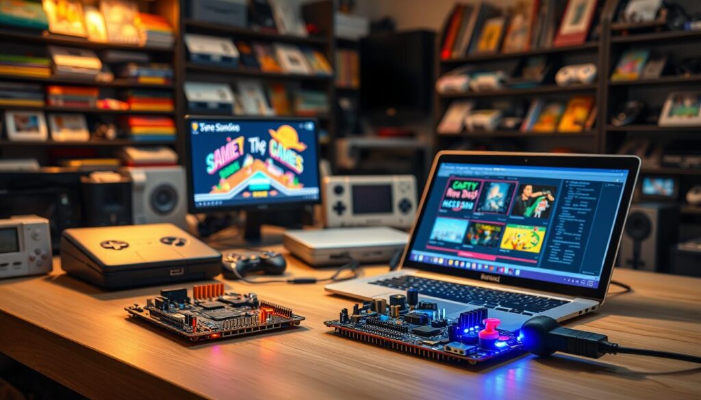 A high-tech workspace illustrating the debate between FPGA and software emulation hardware for retro gaming. In the foreground, a detailed FPGA board with vibrant LEDs, showcasing its complex circuitry. Beside it, a sleek laptop displaying an emulation software interface, with colorful graphics reminiscent of classic games. In the middle, eclectic retro gaming consoles arranged around, highlighting both mediums' influences. The background features shelves filled with retro game cartridges and memorabilia, bathed in warm, nostalgic lighting. A soft glow highlights the FPGA's intricate details, while a cooler light illuminates the laptop, emphasizing the digital nature of software emulation. The scene evokes a sense of innovation and nostalgia, perfect for celebrating the evolution of gaming technology.