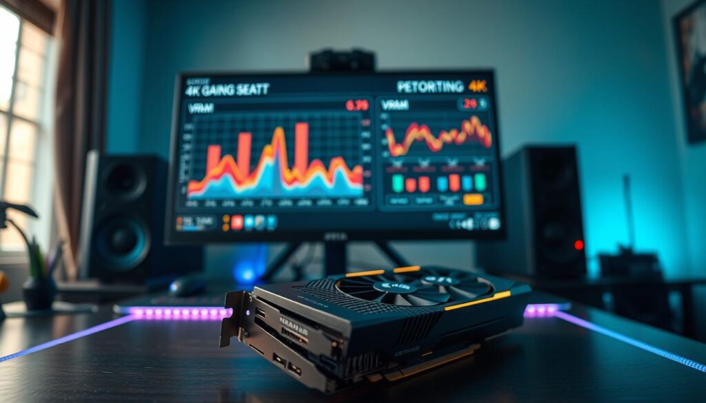 A highly detailed 4K gaming GPU in focus, showcasing its intricate circuitry and VRAM modules in the foreground. The GPU should be placed on a sleek, modern workstation desk adorned with graphical performance charts and metrics in a soft glow of ambient LED lighting. In the middle ground, a high-resolution monitor displays real-time VRAM usage statistics, vivid and colorful, further illustrating the analysis of 4K gaming requirements. The background features a dimly lit gaming room, equipped with gaming paraphernalia, creating an immersive atmosphere. Natural light filters gently through the window, adding a touch of warmth to the scene. The angle should be slightly angled downwards to emphasize the GPU's features, while the overall mood should be professional yet inviting, suitable for a technology-focused article on performance analysis. A highly detailed 4K gaming GPU in focus, showcasing its intricate circuitry and VRAM modules in the foreground. The GPU should be placed on a sleek, modern workstation desk adorned with graphical performance charts and metrics in a soft glow of ambient LED lighting. In the middle ground, a high-resolution monitor displays real-time VRAM usage statistics, vivid and colorful, further illustrating the analysis of 4K gaming requirements. The background features a dimly lit gaming room, equipped with gaming paraphernalia, creating an immersive atmosphere. Natural light filters gently through the window, adding a touch of warmth to the scene. The angle should be slightly angled downwards to emphasize the GPU's features, while the overall mood should be professional yet inviting, suitable for a technology-focused article on performance analysis.