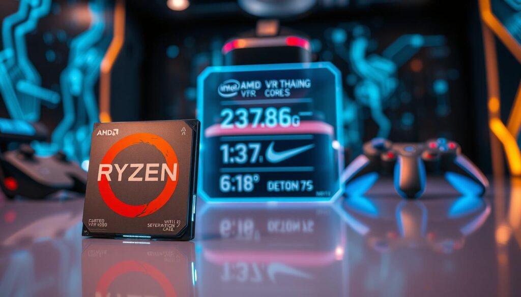 A highly detailed and visually striking composition representing the CPU requirements for VR gaming. In the foreground, a sleek, high-performance CPU (e.g., AMD Ryzen or Intel Core) is prominently displayed on a glossy surface, with intricate circuitry patterns glowing subtly. In the middle ground, a semi-transparent holographic interface showcases key specifications like clock speed and core count, illuminated with a cool blue tone. The background features a blurred, futuristic gaming setup with VR headsets, controllers, and abstract digital patterns, capturing the essence of virtual reality. Soft, ambient lighting creates a tech-savvy atmosphere, while the angle emphasizes depth and engagement, making the viewer feel immersed in the cutting-edge world of VR gaming hardware.