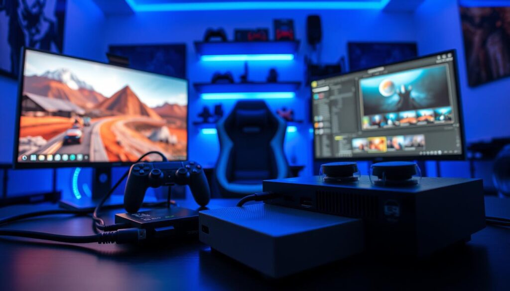 A modern capture card setup showcasing a sleek gaming station. In the foreground, a high-quality capture card is connected to both a gaming console and a PC with cables neatly organized. The middle ground features a dual-monitor setup displaying vibrant game graphics on one screen and streaming software on the other. In the background, soft ambient lighting highlights a stylish gaming chair and a shelf of gaming accessories. The entire scene is illuminated by cool blue LED lighting, creating a focus on the technology and enhancing the futuristic atmosphere. The perspective is a dynamic angle, inviting viewers to appreciate the seamless integration of the console and PC, emphasizing a professional and immersive gaming environment.