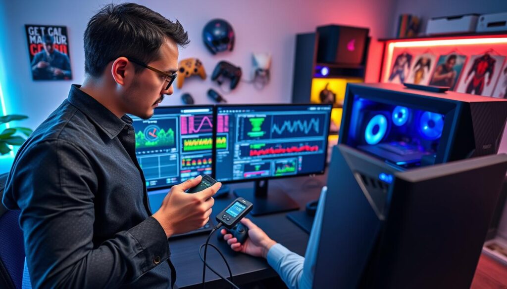A modern home office setup featuring a dual-screen console and PC hybrid battle station. In the foreground, a technician in a smart casual outfit is intently troubleshooting a VRR HDMI 2.1 connection, with HDMI cables and a handheld testing device in hand. The middle ground shows a sleek gaming console and a high-performance PC, both connected to the monitors, which display various troubleshooting graphics and graphs. The background features a well-lit room with vibrant LED lighting, showcasing gaming memorabilia. The atmosphere is focused and technical, conveying a sense of resolve and expertise in resolving HDCP and handshake issues. Capture the scene with a slight overhead angle, ensuring clear visibility of all components and emphasizing the intricate setup.
