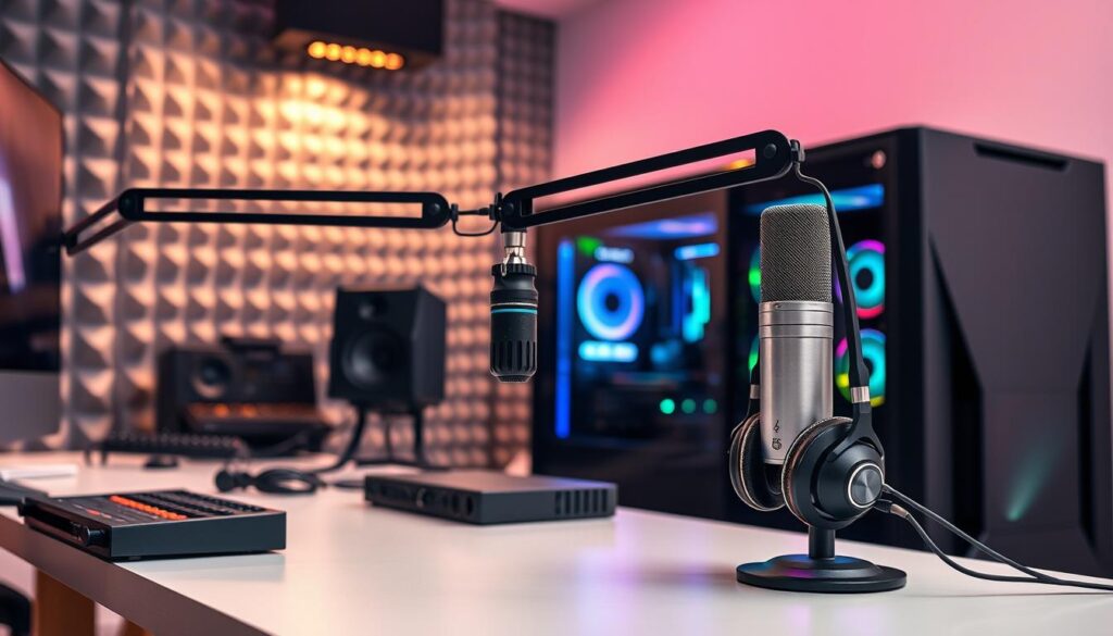 A professional audio microphone setup designed for content creation, prominently featuring a high-quality condenser microphone on an adjustable boom arm, placed on a sleek, modern desk. In the foreground, include polished audio interface and headphones, arranged neatly next to a gaming PC with colorful RGB lighting. The middle ground showcases a soundproof foam backdrop in a trendy studio environment, creating a focused atmosphere conducive to recording. The background includes soft diffused lighting to enhance the setting while keeping the focus on the equipment. Use a slight angle to emphasize depth, ensuring clarity of each component. The overall mood should be professional and inspiring, inviting viewers to dive into audio content creation.