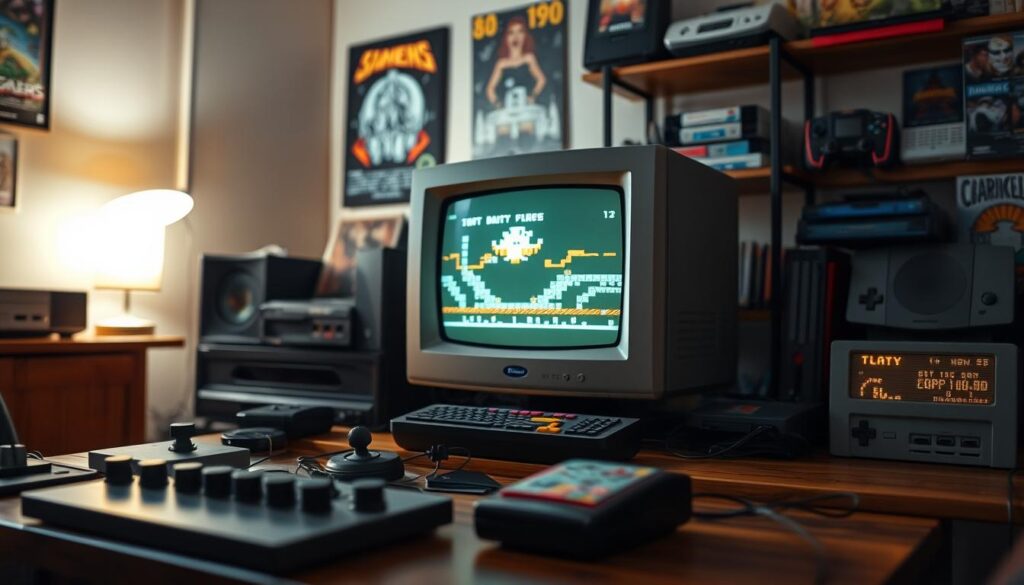 A retro gaming PC display setup in a cozy room, focusing on a vintage CRT monitor displaying pixelated graphics from classic 8-bit games. In the foreground, showcase a wooden desk cluttered with retro gaming peripherals, such as a joystick and classic game cartridges. The middle features the glowing CRT monitor, emitting warm light, surrounded by nostalgic posters of games from the 80s and 90s. In the background, soft ambient lighting illuminates the room, hinting at shelves filled with retro console memorabilia. Capture the scene from a slightly elevated angle to evoke feelings of nostalgia. The atmosphere should be warm and inviting, reminiscent of a gaming den from decades past, celebrating the golden era of gaming.