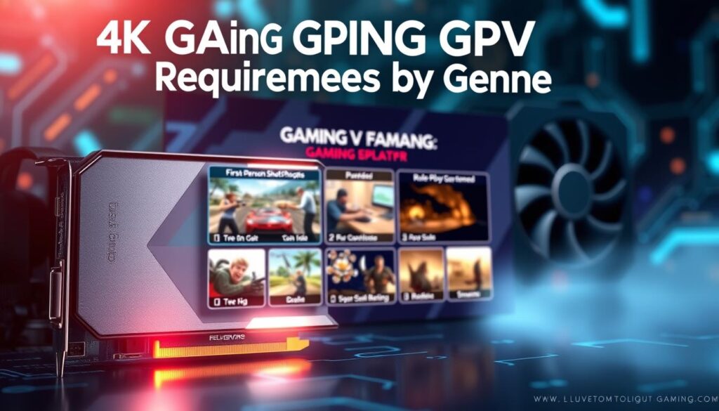 A visually informative illustration depicting "4K Gaming GPU Requirements by Genre." In the foreground, display a sleek, high-end gaming GPU, its intricate components glistening under soft, ambient lighting. In the middle, create a genre-themed layout with vignettes illustrating various game genres like first-person shooters, role-playing games, and simulation games, each with unique visual cues like stylized icons or environments. The background should feature a dynamic, tech-inspired environment with circuit patterns and digital effects, lightly blurred to emphasize the GPU and genre representations. Use a shallow depth of field to draw focus, while maintaining a vibrant color palette that reflects the excitement of gaming. The atmosphere should be engaging and modern, capturing the essence of cutting-edge gaming technology. A visually informative illustration depicting "4K Gaming GPU Requirements by Genre." In the foreground, display a sleek, high-end gaming GPU, its intricate components glistening under soft, ambient lighting. In the middle, create a genre-themed layout with vignettes illustrating various game genres like first-person shooters, role-playing games, and simulation games, each with unique visual cues like stylized icons or environments. The background should feature a dynamic, tech-inspired environment with circuit patterns and digital effects, lightly blurred to emphasize the GPU and genre representations. Use a shallow depth of field to draw focus, while maintaining a vibrant color palette that reflects the excitement of gaming. The atmosphere should be engaging and modern, capturing the essence of cutting-edge gaming technology.