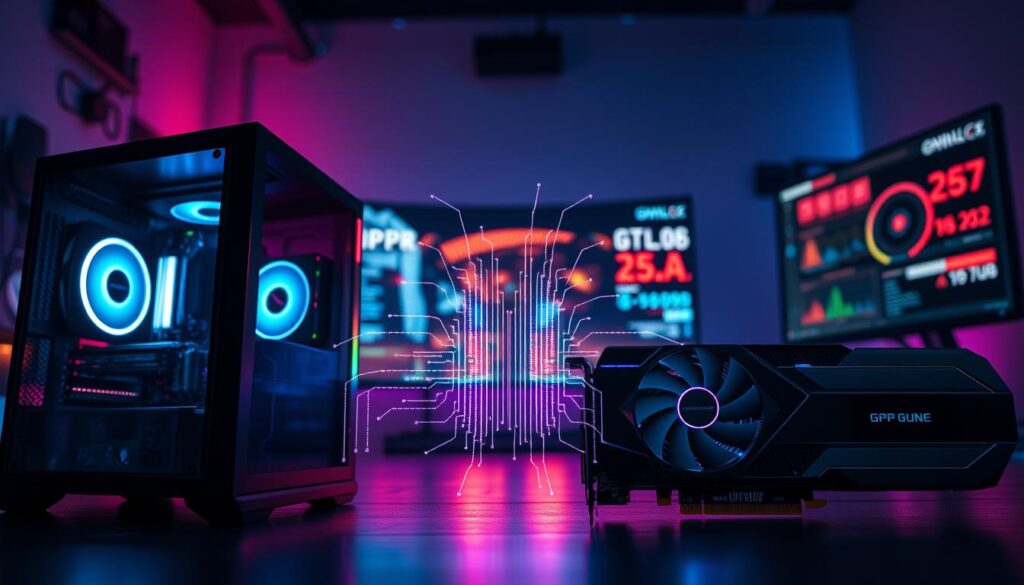 A visually striking comparison image depicting the concepts of CPU encoding versus GPU encoding for streaming hardware. In the foreground, display a sleek, modern gaming PC showcasing high-end CPU and GPU models, artfully lit with vibrant LED lights. In the middle, place a graphical representation of data streams emanating from each component, illustrating their processing capabilities. In the background, create a soft-focus gaming setup complete with a dual-monitor display highlighting performance metrics. Utilize a dynamic angle, emphasizing depth and perspective, while ensuring the scene is well-lit with a balanced mix of neon colors and soft shadows to convey a high-tech atmosphere. The overall mood should evoke excitement and innovation, inviting viewers to explore the differences in encoding technology.