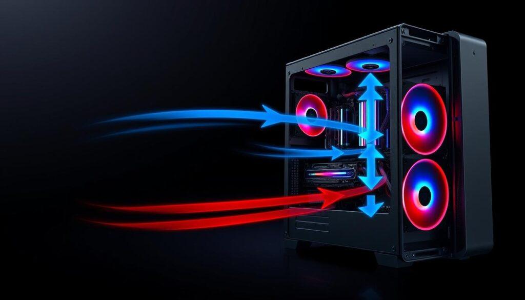 A detailed and technical illustration of a gaming PC case with optimized airflow visualization. In the foreground, showcase the transparent side panel of the case revealing its intricate internal components: a powerful graphics card, custom liquid cooling system, and carefully arranged RGB fans. In the middle ground, depict airflow arrows in vibrant blue and red, highlighting the intake and exhaust configurations, emphasizing positive pressure dynamics. The background features a subtle gradient of dark tones to enhance the focus on the PC. Use dramatic lighting to create an intense atmosphere, mimicking a high-performance gaming environment. The angle should be slightly tilted to provide depth, suggesting speed and efficiency in cooling solutions, without any text or overlays.