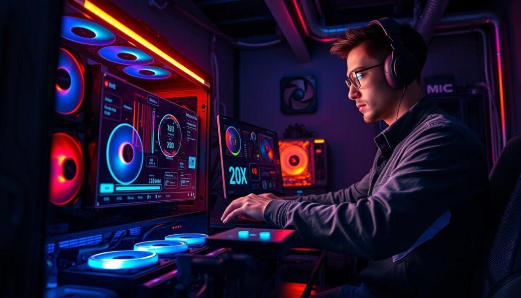 A dynamic and precise depiction of thermal management in a high-performance gaming setup. In the foreground, display a sleek gaming PC with illuminated cooling fans and heat sinks, showcasing advanced thermal sensors and monitoring software interfaces on a high-resolution screen. The middle ground features a gamer in professional attire, intently monitoring the system, with a virtual dashboard displaying real-time temperature readings and thermal graphics. In the background, a darkened room lit by ambient RGB lighting creates a focused atmosphere. Incorporate technical elements such as wires and tubes that route heat away from critical components, capturing the essence of peak cooling solutions. The overall mood is one of tension and focus, highlighting the importance of temperature management for ultimate gaming performance.